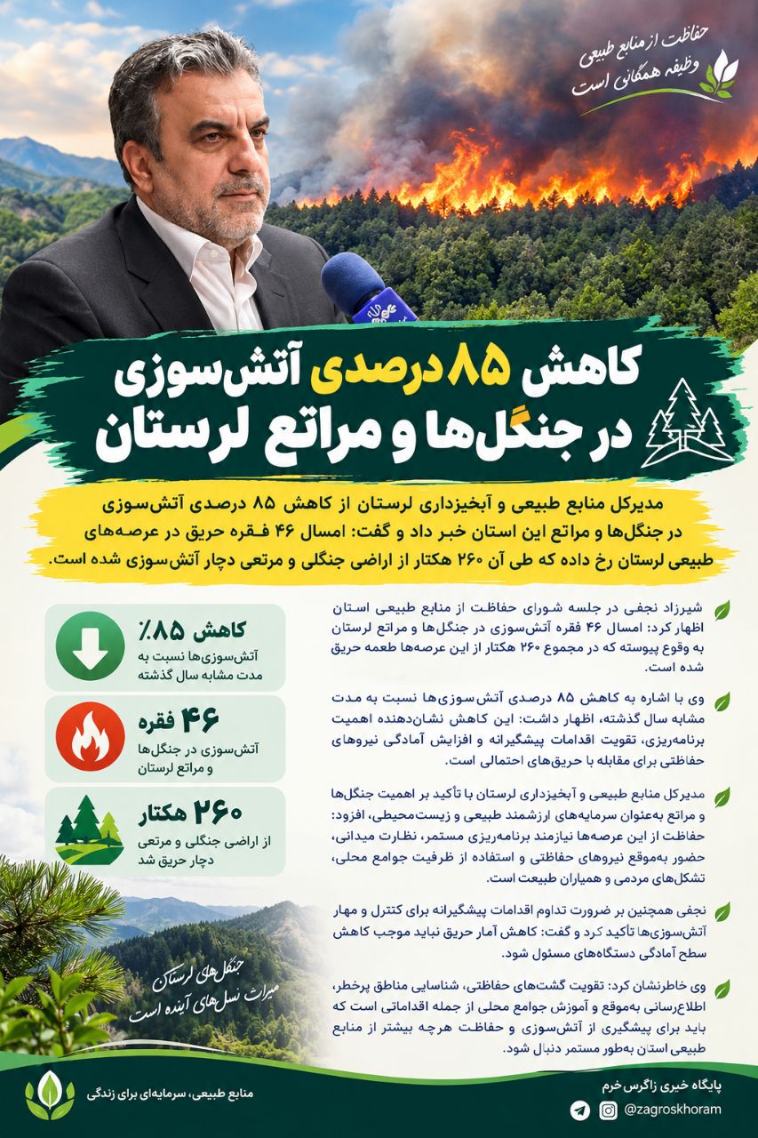 کاهش ۸۵ درصدی آتش‌سوزی در جنگل‌ها و مراتع لرستان